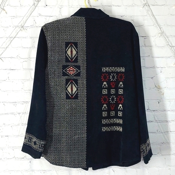 Vintage Chico's Design Navy Blue Black Southwestern Full Zip Jacket Shacket Sz 2 - Picture 12 of 17